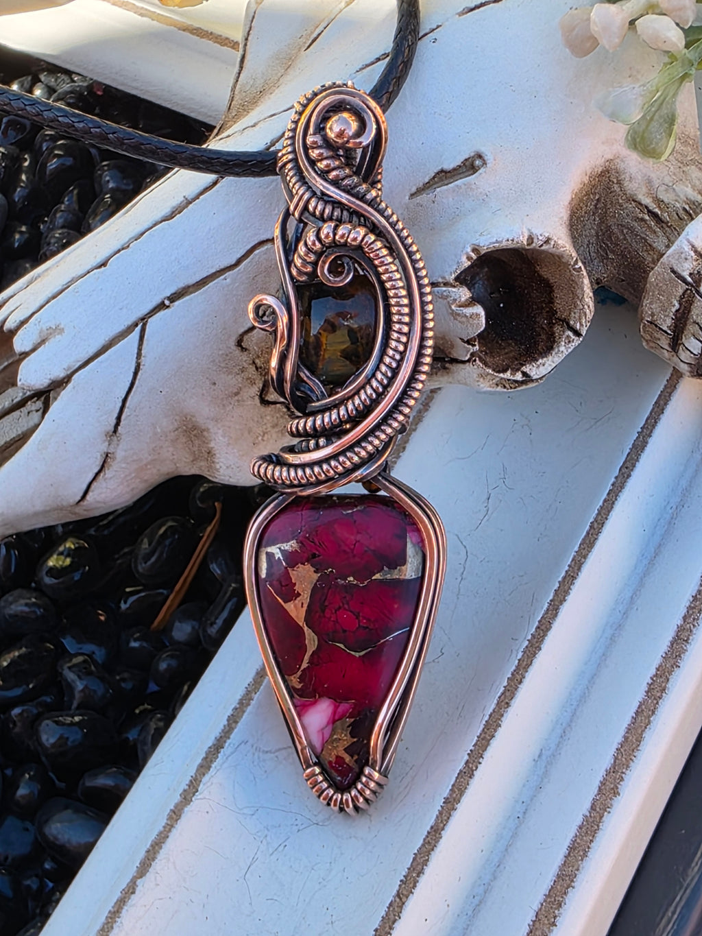 Pietersite & Rose Dahlia Turquoise Copper Pendant – Handwoven Wire Wrap, One of a Kind