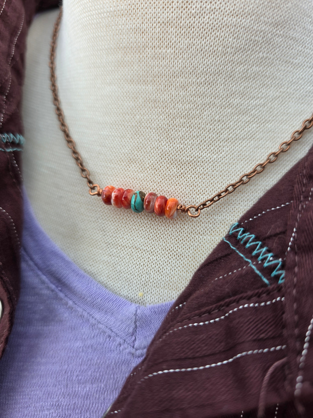 Handmade Kingman Turquoise & Spiny Oyster Bar Necklace - 18" Copper Chain