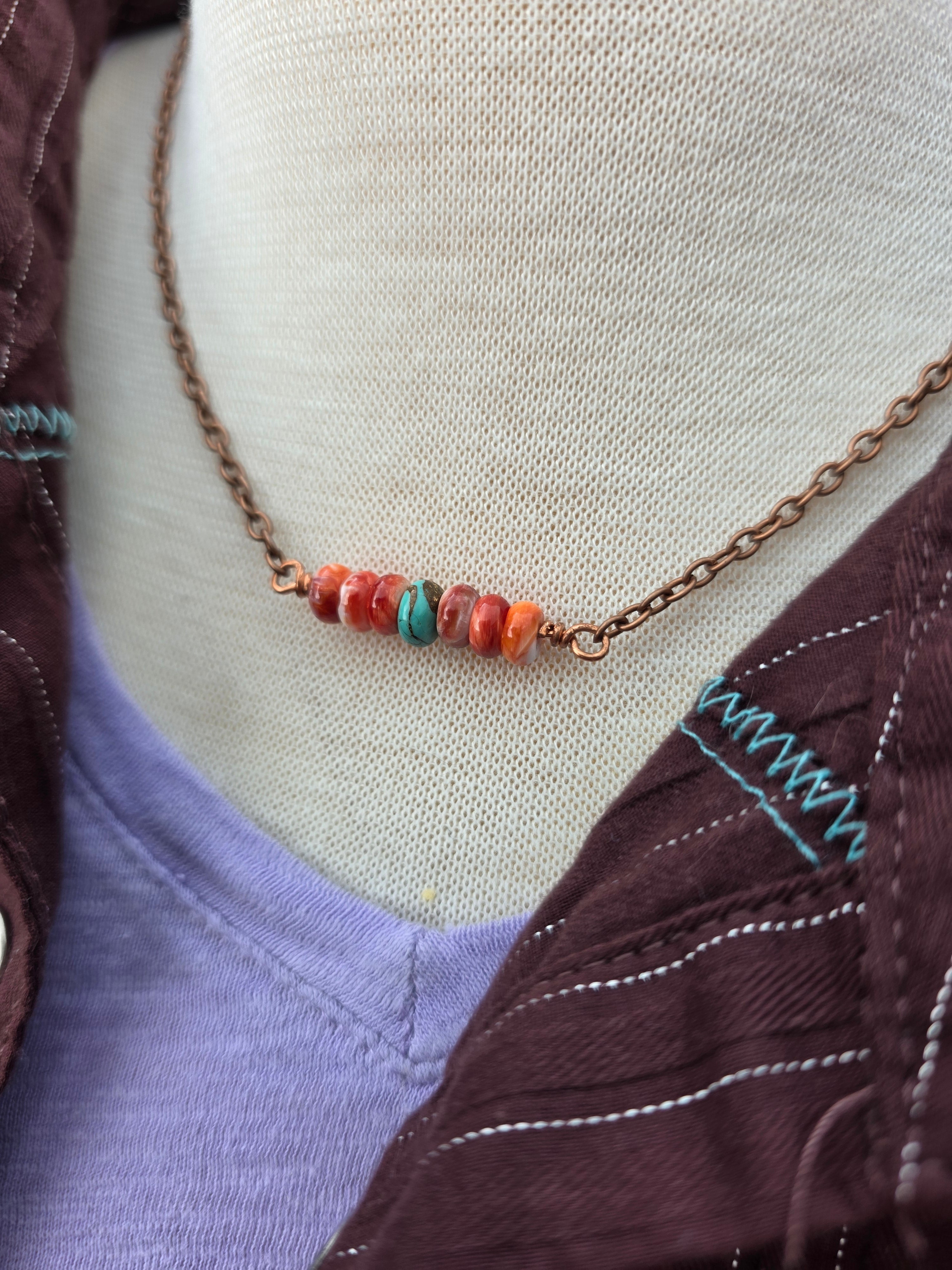 Handmade Kingman Turquoise & Spiny Oyster Bar Necklace - 18" Copper Chain