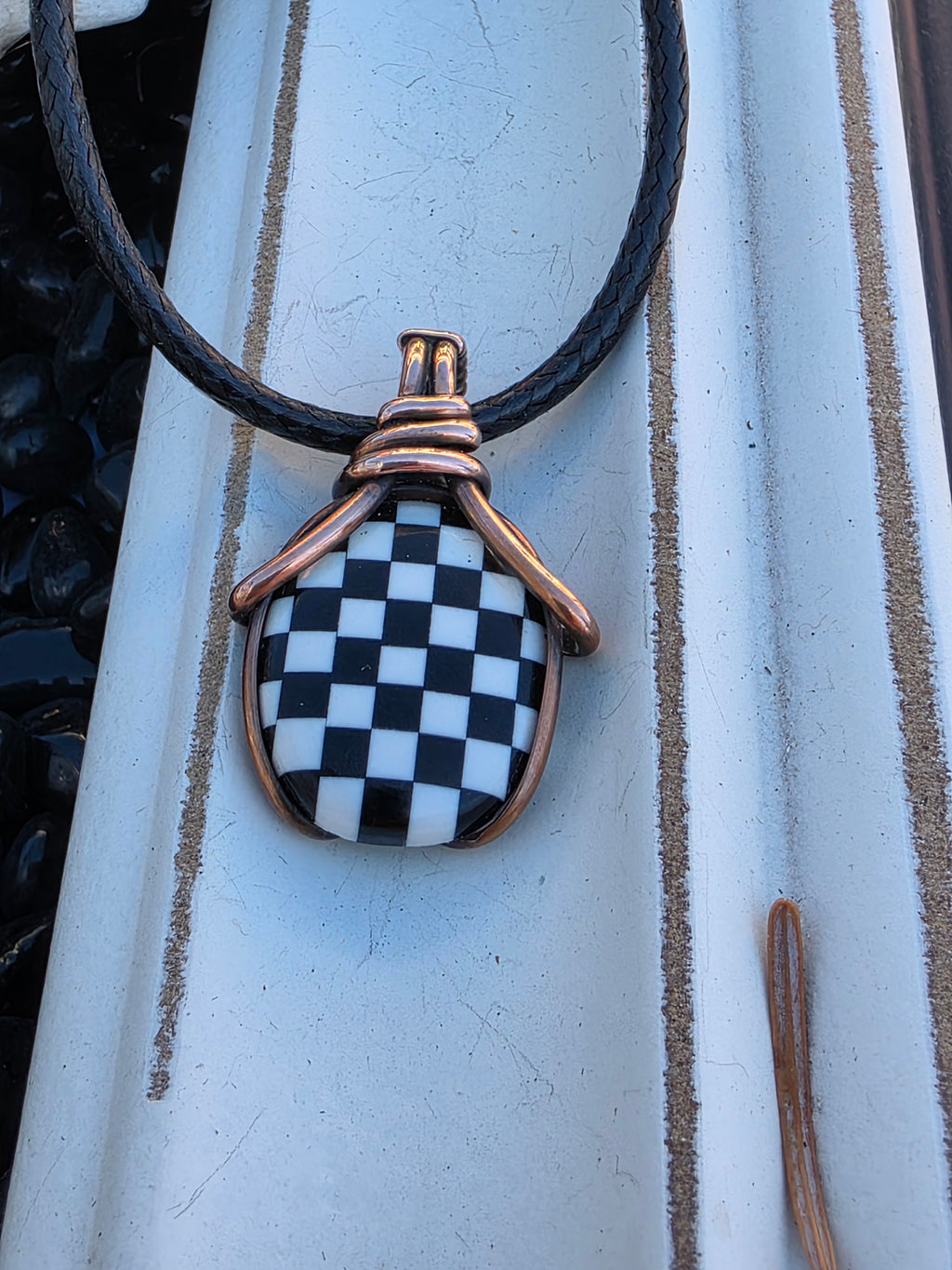 Checkered Onyx and Opal Pendant
