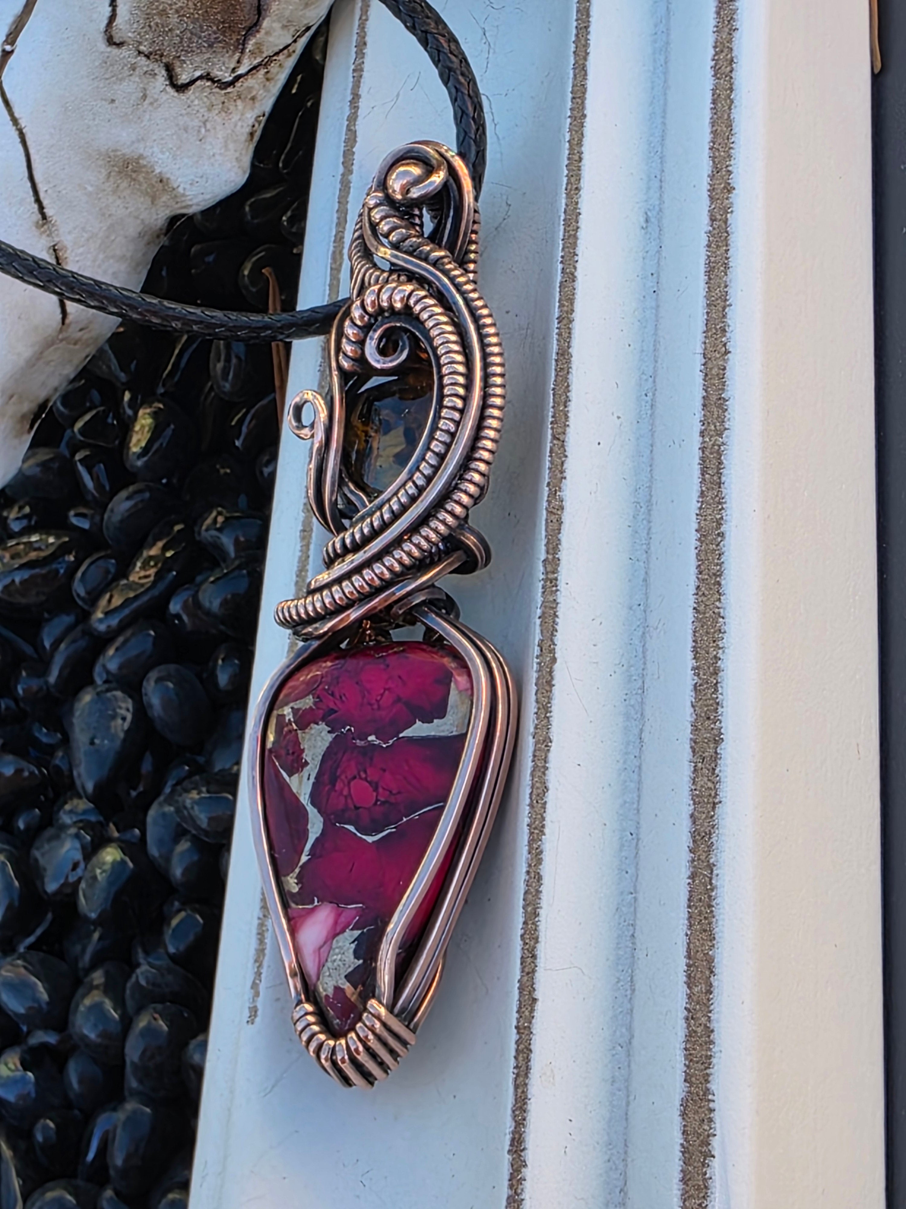Pietersite & Rose Dahlia Turquoise Copper Pendant – Handwoven Wire Wrap, One of a Kind